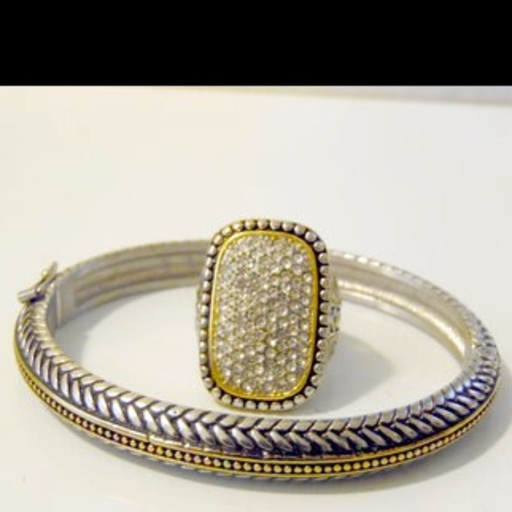 Emma Skye 2-Tone Bangle Bracelet & Crystal Statement Ring 10